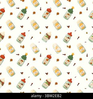 Nahtloses weihnachtliches Gewürzglas-Muster mit Zimt, Orange, Sternanis und Nelken in flachem Cartoon-Stil und Pastellfarben. Stock Vektor