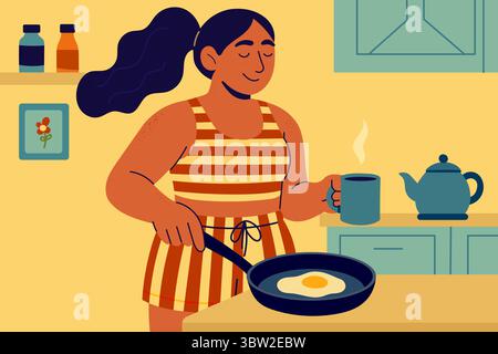 Lächelnde Frau, die in der Morgenküche Frühstück mit Spiegelei und Kaffeetasse kocht Stock Vektor