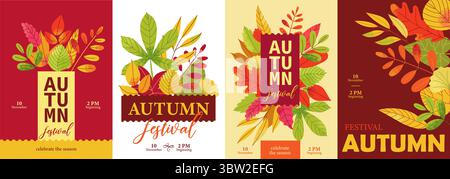 Herbstplakate. Saisonale Herbst-botanische Blumenblätter mit rowan-Zweigen, Rahmen mit Herbstlaub für Grußkarte. Vector Fallschutz Set Stock Vektor