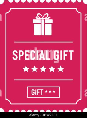 Spezielles Geschenketikett mit Geschenkkarton-Symbol und Sternen auf rosafarbenem Hintergrund Stock Vektor
