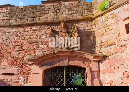 Heidelberg, Deutschland - 21. Juni 2025: Nahaufnahme eines historischen Emblems auf einer Heidelberger Steinmauer mit komplizierten Details. Stockfoto