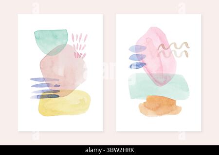 Geometrische Formen mit Aquarellen, Kunstposter Set. Minimalistisches, modernes Posterdesign. Mid-Century-Decken mit Aquarellflecken und Blättern. Stock Vektor