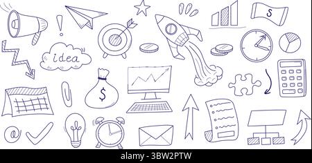 Vektorsatz von handgezeichneten Business-Icons einschließlich Diagrammen, Geld, Aktentaschen, Laptops, Glühbirnen, und Kommunikationssymbole. Perfekt für Stock Vektor