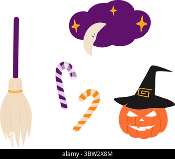 Halloween Besenstiel Süßigkeiten Stöcke Kürbis in Hexenhut und Halbmond und Wolke Halloween Elemente. Isolierte Vektor Illustration Aufkleber Icon Halloween Verwandte Inhalte Grußkarten, Flugblätter, Tags Stock Vektor