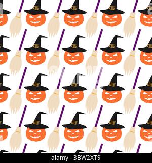 Halloween Kürbis in Hexenhut und Besen nahtlose Muster Halloween minimalistische Hintergrundee. Isolierte Vektor-Illustration Halloween Gruß Hintergrund Party Einladung oder Banner, Flugblätter, Preis Stock Vektor