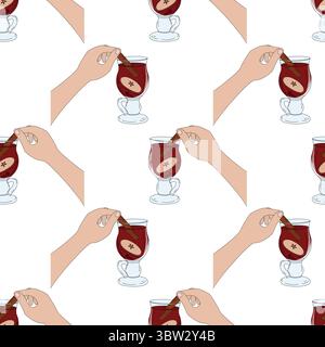 Hand Push Zimt Stick in Glasbecher mit Glühwein Apfelscheibe und Handschuh nahtlose Muster Pop Art. Isolierte Vektor-Illustration gemütliche saisonale Getränk Menü Karte Hintergrund oder Promo Banner, Faltblatt, Tag Stock Vektor