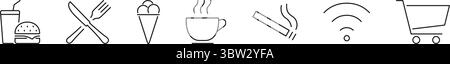 Fast Food, Dining Und Shopping Line Icon Set. Getränke, Besteck, Eis, Kaffee und Rauchen Outline Symbol Kollektion. Bearbeitbare Kontur. Isoliert Stock Vektor