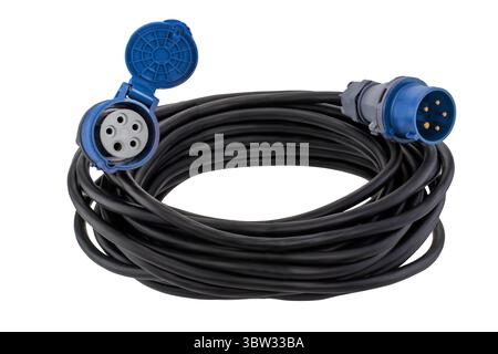 Industrielles Verlängerungskabel mit blauem Stecker Stockfoto