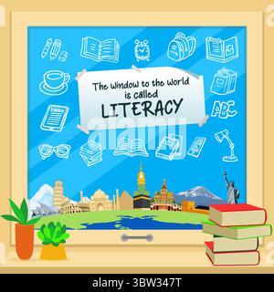 Bunte Illustration des Alphabetisierungskonzepts mit globalen Wahrzeichen und Bildsymbolen durch eine Fensteransicht Stockfoto