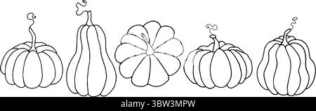 Kürbisset. Verschiedene Formen natürlicher Lebensmittel. Einfache schwarze Grafik, handgezeichnet im Doodle-Stil. Vektor-Illustration von Herbstgemüse, Beere Stock Vektor