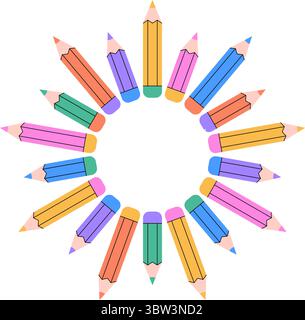 Symmetrische Illustration mit Bleistiften, die in einem kreisförmigen Muster angeordnet sind und einer Blume oder einem kreativen Rahmen ähneln. Stock Vektor