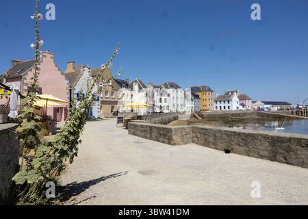 Farbenfrohe Hausfassaden am „Quai des Francois libres“ oder „Quai Sud“ in Île de sein in der Bretagne, Frankreich. Stockfoto