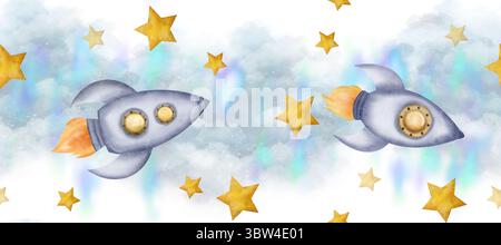 Blauer Himmel, flauschige Wolken, Sterne, Raumschiffe. Weltraumraketen und Nebel bilden diesen Raum aus nahtlosen Aquarellclips Stockfoto