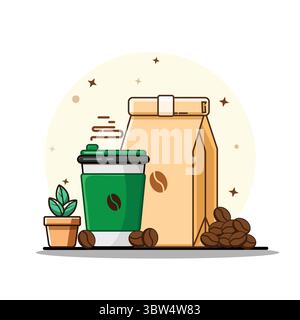 Kaffeezeit Kaffeetasse, Bohnen und Paket, Café Konzept Vektor Illustration flaches Design Stock Vektor