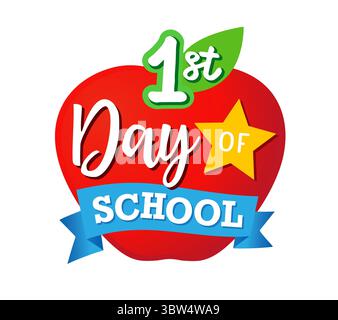 1. Schultag, kreatives Konzept mit Apfel und Stern. Logo oder Abzeichen für Selfie-Bilderrahmen am ersten Schultag. Vektorabbildung Stock Vektor
