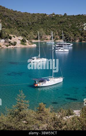 Yachten vor Anker in einer felsigen Bucht mit kristallklarem türkisfarbenem Wasser in der Russian Bay, Poros, Saronischen Golf, griechischen Inseln, Griechenland, Europa Stockfoto