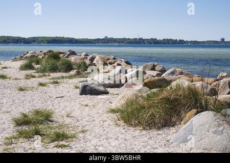 Große Steine als Grenze zum Sandstrand, Laboe, Ostseebad, Fjord, Ostsee, Nordfriesland, Schleswig-Holstein, Deutschland Stockfoto