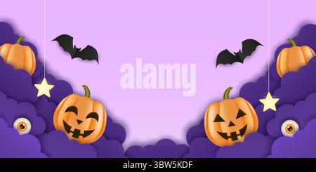 Halloween-Angebot. Ausgeschnittenes Banner im Papierstil mit realistischen Kürbissen, Augen, Lampen und Fledermäusen. Sonderangebot bis zu 50 % Rabatt. Stock Vektor