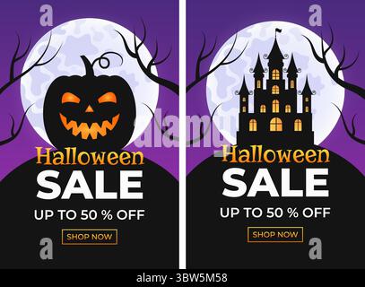 Halloween-Angebot. Set mit Spruchbändern mit Kürbis und Schloss mit gruseliger Nachtlandschaft auf dem Hintergrund des Mondes. Stock Vektor