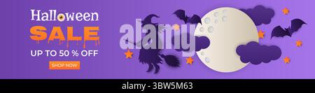 Halloween-Angebot. Papier geschnittene horizontale Banner mit Mond, Hexe, Sternen und Fledermäusen. Sonderangebot bis zu 50 % Rabatt. Stock Vektor