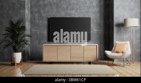 Fernseher über dem Holzschrank in einem modernen, leeren Zimmer mit einem Teppich aus Stuhlpflanzen und einer Lampe auf dem Holzboden. Architektur- und Innenraumkonzept. 3D Abbildung ren Stockfoto