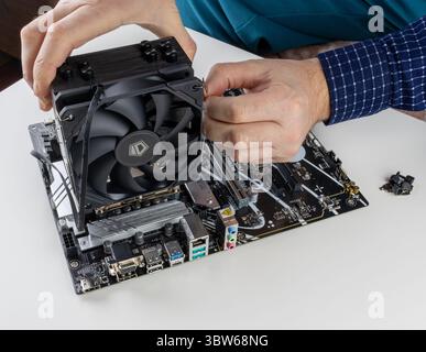 Maykop, Russland - 18. Februar 2025: Die Hände eines Mannes, der einen Lüfter auf dem CPU-Kühlturm auf dem asus-Mainboard installiert Stockfoto