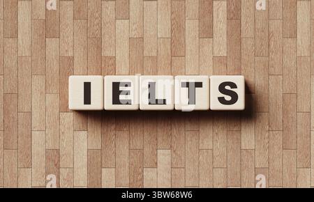 IELTS Wörter aus Holzblöcken mit Buchstaben. Lehrkurse und Prüfungen des Fremdsprachenkenntnisses Englisch. 3D-Illustration RenderingIELTS Wort Stockfoto