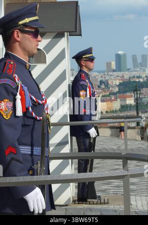 Wachposten in Paradeuniform vor der Prager Burg Tschechien. *** Wachen in Paradeuniform vor der Prager Burg Tschechien Stockfoto