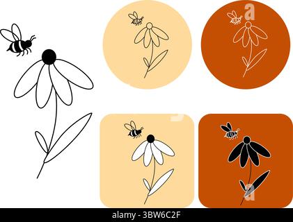 Bienen auf einem Blumenlogo. Vektorgrafik-Strichdarstellung. Silhouettenzeichen für Logo, Druck, Comics, Mode, Pop Art, Boards, Design, Aufkleber, Deko Stock Vektor