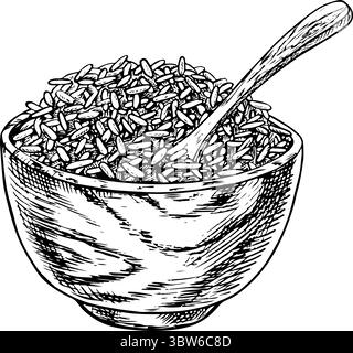 Reis oder Hafer, Weizen oder Roggen in einer Holzschale. Schwarzweiß-Grafiken, Vektorabbildungen. Designelement für Menüs, Rezepte und Kochbücher. Für Stock Vektor