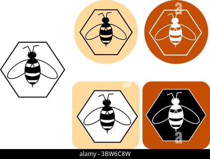 Umrissbiene im Hexagon-Logo. Vektorgrafik-Strichdarstellung. Waben. Lineares Logo aus Bio-Honig, Etikett, Design-Elemente. Konzept für HON Stock Vektor