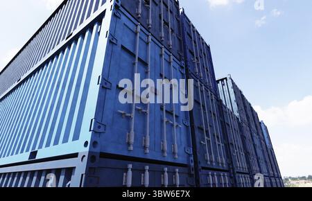 Stapel von blauen Container-Boxen mit Himmel Hintergrund. Frachtschifffahrt für die Import- und Exportlogistik. Business- und Transportkonzept. 3D Abb. Stockfoto