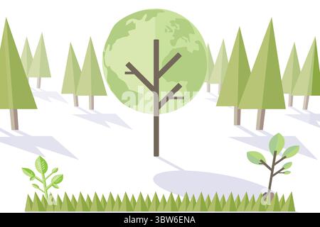 Minimalistisches Design zeigt einen zentralen Baldachin-Baum mit Nadelbäumen, Gras und Setzlingen auf weißem Grund Stockfoto