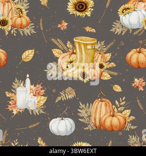 Aquarellmuster mit Kürbissen, Sonnenblumen, Kerzen, Stiefeln und Herbstblättern auf dunklem Hintergrund. Illustration des Ornaments für Herbsttextilien, Verpackungen und Papierdesign. Stockfoto