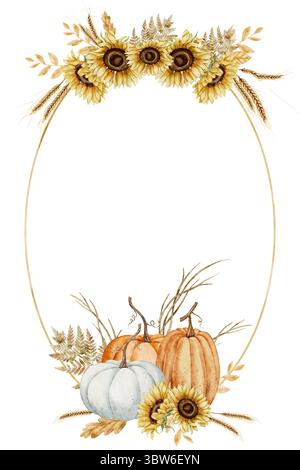 Aquarell Herbstkarte Vorlage mit ovalem Blumenrahmen aus Kürbissen, Sonnenblumen, Weizen und Herbstblättern. Abbildung der Grenze für Erntefestgrüße, saisonale Einladungen oder Schreibwaren. Stockfoto