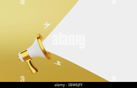 Goldenes und weißes Megaphon, das weiße leere Leerraum-Nachrichtenballon auf goldenem Hintergrund ankündigt. Geschäfts- und Marketingkonzept. 3D Darstellung rendern Stockfoto