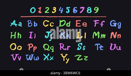 Bunte Vektorillustration des englischen Alphabets und der Zahlen 0-9, handgezeichnet in einem Buntstift, Kreide, Pastellfarben oder Wachs. Markierungseffekt auf einem Stock Vektor