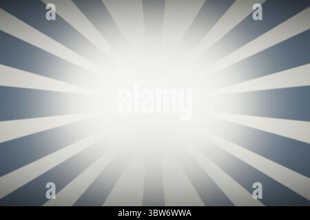 Flaches Design, radialer Burst, der helle und dunkelgraue Strahlen auf zentralem weißem Leuchten abstrahlt Stockfoto