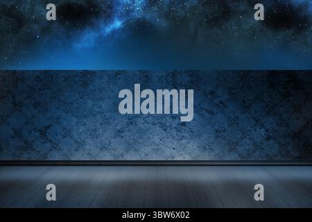 Die minimalistische Illustration zeigt eine strukturierte Metallwand, die unter dem Sternenhimmel auf Holzboden trifft Stockfoto
