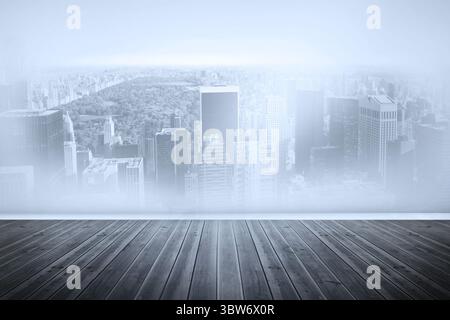 Die Skyline der Stadt mit Panoramablick erstrahlt durch eine Glaswand über Holzdielen in flachem Design Stockfoto