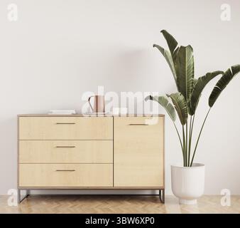 Weißes modernes Wohnzimmer mit stilvollem, komfortablem Holzschrank, Innenausstattung, Holzboden -3D-Rendering- Stockfoto