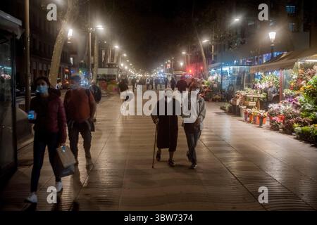 11. November 2020, Barcelona, Katalonien, Spanien: Barcelonas mit Gesichtsmasken schlendern die Rambla de Les Flors in Barcelona entlang. Ab dem 23. November wird Spanien einen negativen PCR-Test von Reisenden aus Ländern mit hohem Risiko verlangen; die Maßnahme betrifft Einwohner aus den meisten EU-Mitgliedstaaten. (Bild: © Jordi Boixareu/ZUMA Wire) Stockfoto