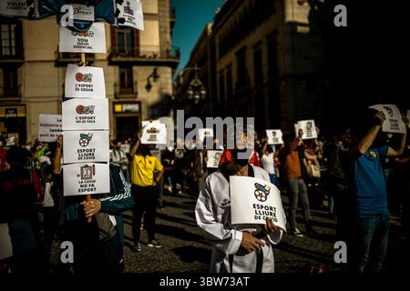 11. November 2020, Barcelona, Katalonien, Spanien: Athleten verschiedener Sportarten protestieren gegen härtere Anti-covid19-Maßnahmen wie Schließungen im Sport- und Freizeitsektor und Einschränkungen sozialer Kontakte, die von der katalanischen Regierung aufgrund der beschleunigten Ausbreitung des Coronavirus auferlegt wurden. (Foto: © Matthias Oesterle/ZUMA Wire) Stockfoto