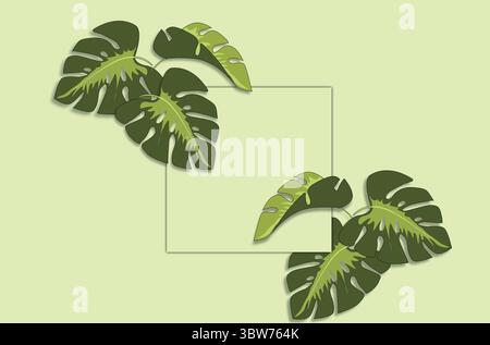 Rahmen und tropisch hinterlässt Monstera auf grünem Hintergrund einen Platz für Text. Tropische Blätter Stockfoto