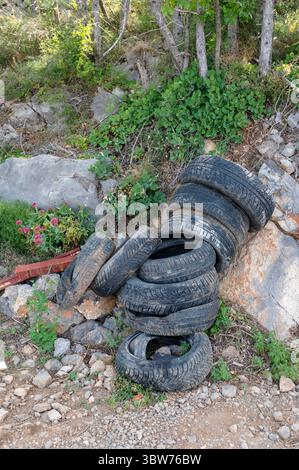 Alte Autoreifen liegen in der Natur am Straßenrand Stockfoto