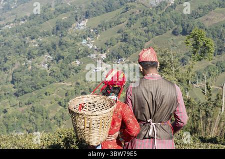Schöne junge Paare in der Liebe. Indischen Tee puckers, romantisches Paar Frau und Mann im Sommer in einem Berg Terrasse Kaffee Garten am Tag erwischt - Stockfoto