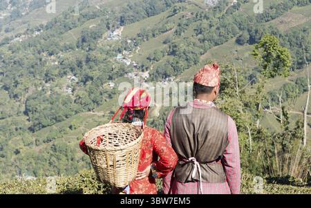 Schöne junge Paare in der Liebe. Indischen Tee puckers, romantisches Paar Frau und Mann im Sommer in einem Berg Terrasse Kaffee Garten am Tag der Arbeit gefangen Stockfoto