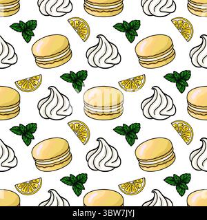 Nahtloses Vektormuster aus köstlichen Zitronenmakronen, Schlagsahne-Strudeln und frischen Minzblättern auf weißem Hintergrund, was einen lebendigen und appetitlichen Eindruck erzeugt Stock Vektor