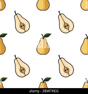 Nahtloses Vektormuster aus handgezeichneten Birnen mit ganzen und halbierten Früchten in einem verspielten, minimalistischen Stil mit einem Hauch von Vintage-Charme. Stock Vektor