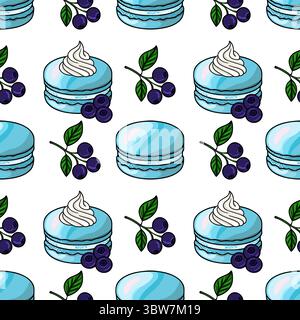 Entzückendes nahtloses Vektor-Muster mit hellblauen Macarons mit Schlagsahne und Heidelbeeren, ein süßes und charmantes Design, ideal für va Stock Vektor